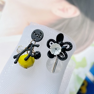 韩国nuance 黄色珠子花朵不对称耳环韩版个性时尚耳钉耳饰女