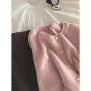 粉色针织开衫女秋冬2023韩版温柔风短款毛衣外套小个子上衣女