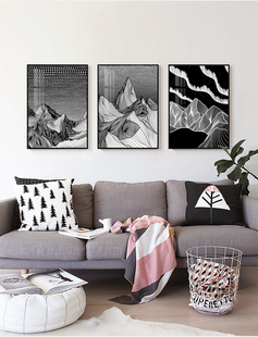 现代客厅装饰画，三联沙发背景墙挂画创意山脉黑白，抽象画新中式壁画