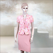 香港名师路奢华高端面料粉红色抽象格纹OL职业西装短袖套装3件套