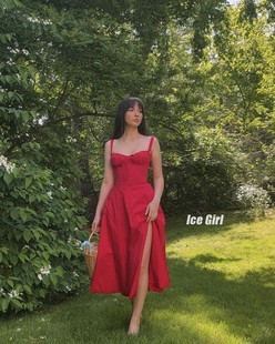 IceGirl  复古港风红色开叉吊带连衣裙修身绑带收腰显瘦长款礼服