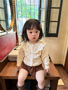 婴童毛衣春装镂空小开衫女童宝宝洋气百搭大荷叶领针织外套