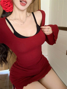 红色u领T恤连衣裙女春季纯欲喇叭长袖裙子收腰紧身显身材包臀短裙