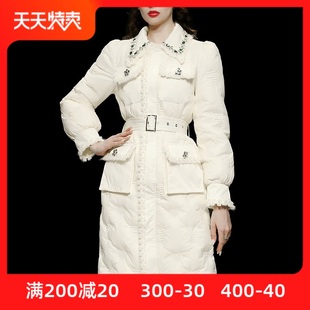 冬季2024女装米色泡泡，袖中长款白鸭绒(白鸭绒，)羽绒服加厚收腰过膝
