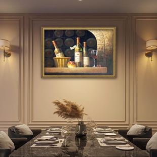 纯手绘静物水果面包红酒瓶油画欧式餐厅玄关过道挂壁画有框画美式