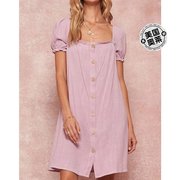 promesa紫色巴黎亚麻混纺，泡泡袖直筒连衣裙-紫色，美国奥莱