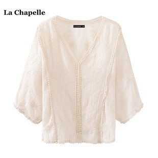 拉夏贝尔lachapelle夏季法式v领刺绣衬衫，女蝙蝠袖蕾丝上衣