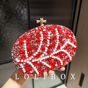 lolibox定制酒红水钻珍珠手工镶钻手拿包女小包，斜跨晚宴会礼服包