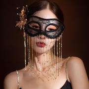 黑色蕾丝复古优雅造型，神秘面具时尚百搭长，流苏遮面假面舞会道具