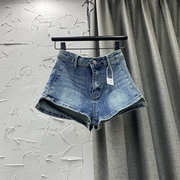 2024春夏季韩版女装高腰设计感不规则A字型牛仔短裤蓝色热裤