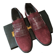 专卖14800 ZILLI 酒红色 压纹羔羊皮拼接酒红色麂皮 手工休闲鞋