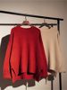 韩国红色毛衣小个子女春秋，韩版宽松外套圆领，前短后长针织衫潮