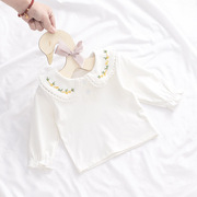 女童打底衫纯棉新生婴儿t恤长袖，宝宝衬衣公主，白色绣花翻领娃娃衫