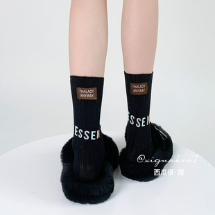 袜子女夏季薄款配小皮鞋日系中筒袜黑色夏天小腿，袜条纹设计感百搭