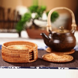手工编织藤编茶杯垫子7件套装茶具，隔热垫茶道，配件家用创意圆形垫