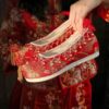 婚鞋秀禾鞋中式内增高布鞋红色新娘鞋平底绣花鞋古风女汉服鞋子