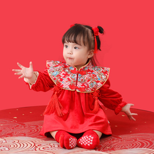 周岁女宝宝礼服女童一岁中国风红色公主，抓周衣服冬装生日宴春秋薄