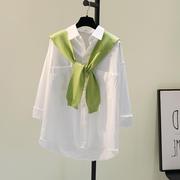 牛油果绿披肩纯棉白色衬衫，女2024春季双口袋，韩版休闲衬衣外套
