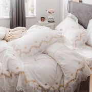韩式公主风纯棉床上用品四件套斜纹，全棉蕾丝床裙式床罩白色4