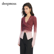deepmoss春夏女装时尚复古潮流渐变交叠羊毛，套头针织长袖上衣