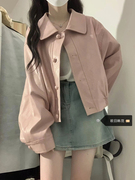 大码韩版粉色PU皮衣外套女秋冬季复古宽松设计感小众百搭夹克上衣