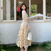夏季法式甜美V领雪纺连衣裙气质杏简约假两件韩版波点长裙