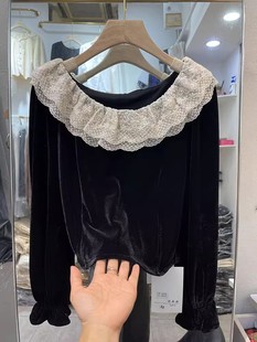 蕾丝荷叶领黑色丝绒衬衫女22秋冬设计感法式小众上衣打底小衫