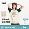 森马短袖T恤女中长款圆领套头衫宽松夏季拼色插肩袖图案衣服时尚