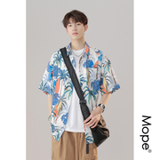 mope夏威夷花衬衫男夏季垂感冰丝，休闲薄款外套，男生痞帅短袖衬衣