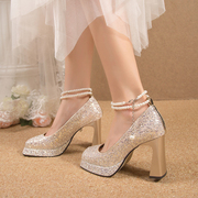 婚鞋新娘鞋超高跟单鞋女2023粗跟防水台伴娘芭比玛丽珍辣妹鞋