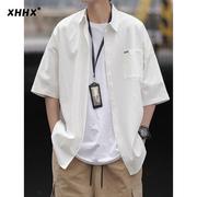 白色短袖衬衫男夏季宽松大码五分袖工装潮牌百搭半袖冰丝衬衣外套