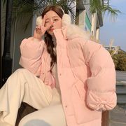 大毛领粉色羽绒棉衣，棉服女冬短外套，今年流行韩系甜美学生棉袄