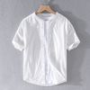 白色纯棉立领短袖衬衫，男士休闲圆领水洗，打底修身牛津纺衬衣男寸潮