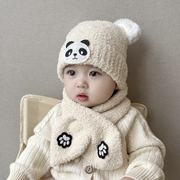 宝宝帽子秋冬款儿童围巾套装男童女童保暖护耳针织可爱熊猫套头帽