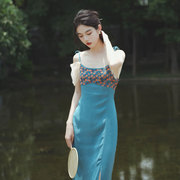 2023夏季连衣裙修身时尚泡泡袖吊带孔雀蓝仙女气质长裙小众晚礼服
