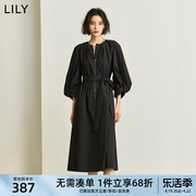 lily2024春女装宽松圆领黑色，气质连衣裙长款灯笼袖长裙小黑裙