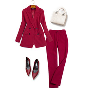 春装微醺红长西服时尚套装通勤气质淑女直筒九分裤两件套442