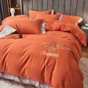 简约轻奢床单四件套橙色，加厚磨毛被套，感刺绣床上用品