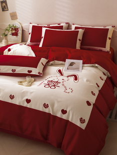 新简约婚庆纯棉刺绣四件套大红色床单被套结新婚陪嫁床笠式床上促