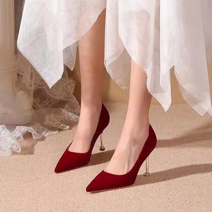酒红色结婚鞋子女秀禾服婚纱，两穿法式新娘鞋高跟，小众高级感不累脚