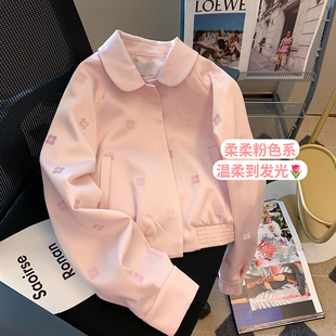 粉色花朵刺绣短款夹克外套女2023秋季设计感小众甜美洋气上衣