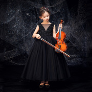 夏季 女黑色裙长款钢琴小主持人演出服欧美公主晚礼服B类儿童礼服