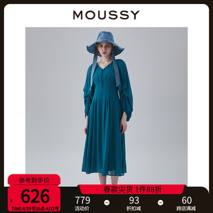 moussy2023冬季v领后拉链纯色，长款收腰连衣裙010gsa30-2470