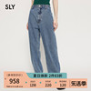SLY 夏季金属裤扣收腰蓝色高腰直筒牛仔裤030GSZ11-4660