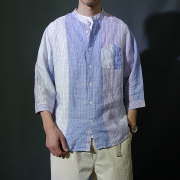 中国风纯亚麻条纹色织七分袖衬衫文艺复古夏季薄款透气中袖衬衣男