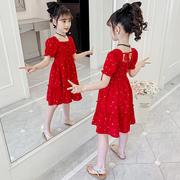 女童红色洋装夏装2023洋派女孩公主裙儿童夏季雪纺大童裙子