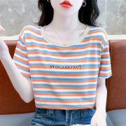 纯棉条纹圆领短袖t恤女装2023夏季韩版宽松百搭上衣洋气小衫