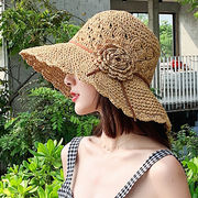 草帽女夏季沙滩帽子花朵可折叠防晒大檐海边度假太阳帽编织遮阳帽