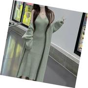 绿色毛衣女(毛衣女，)2023感慵懒风中长款开衫针织吊带连衣裙两件套