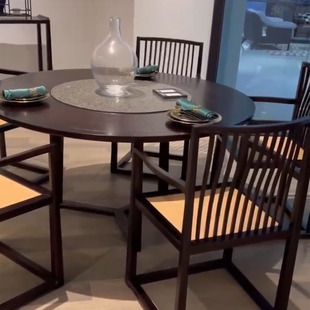新中式乌金木餐厅实木餐桌椅组合别墅古典禅意圆形饭桌家具可定制